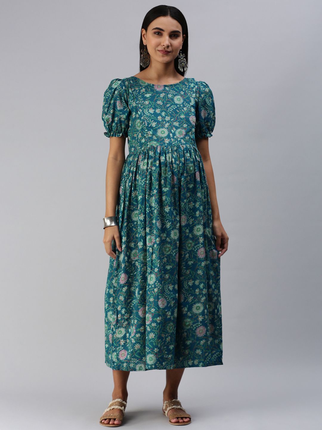

Swishchick Floral Printed Puff Sleeves Cotton Maternity Fit & Flare Midi Dress, Blue