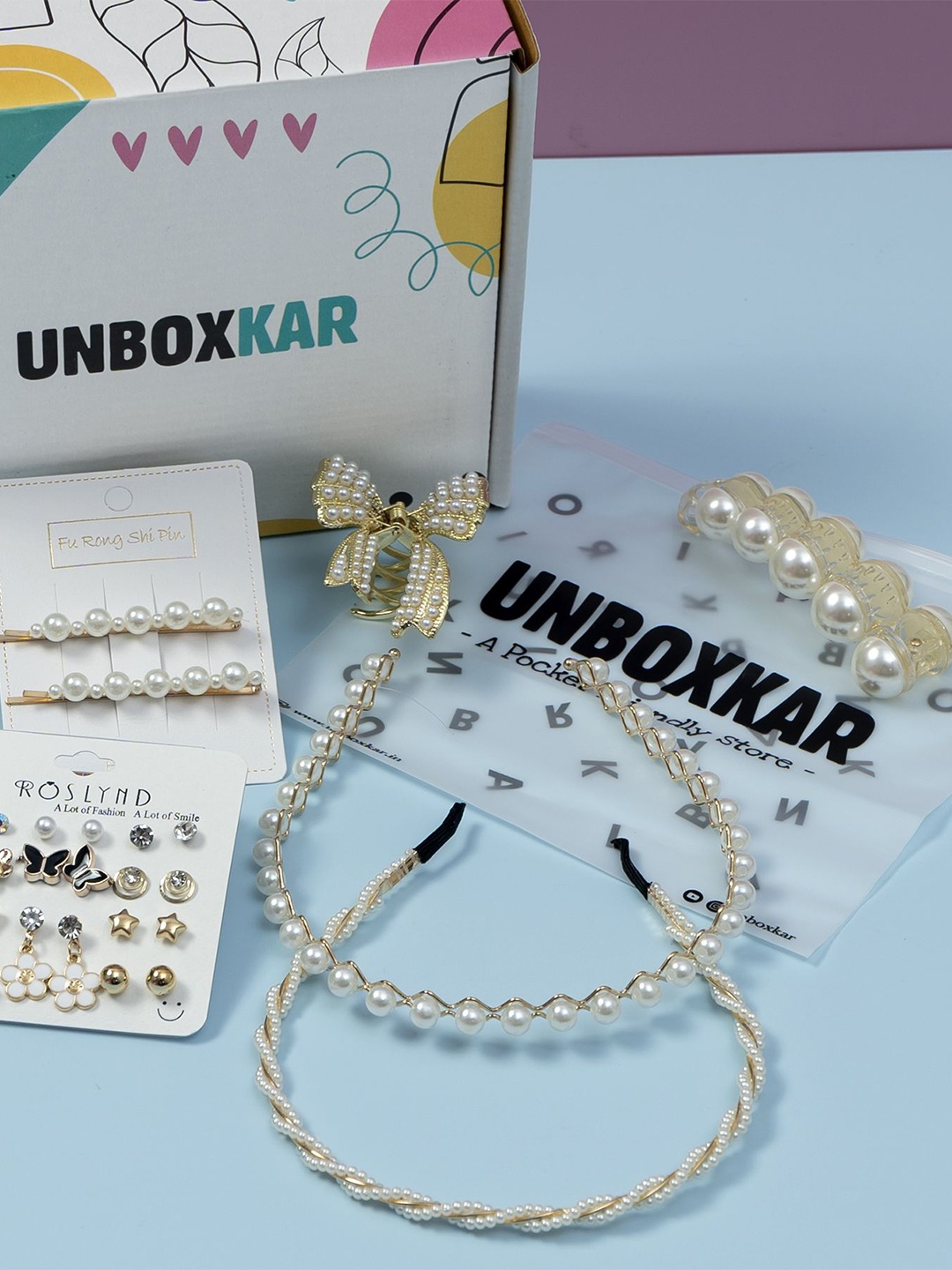 

Unboxkar.in Women Set of 6 Beaded Hair Accessory Set, Gold