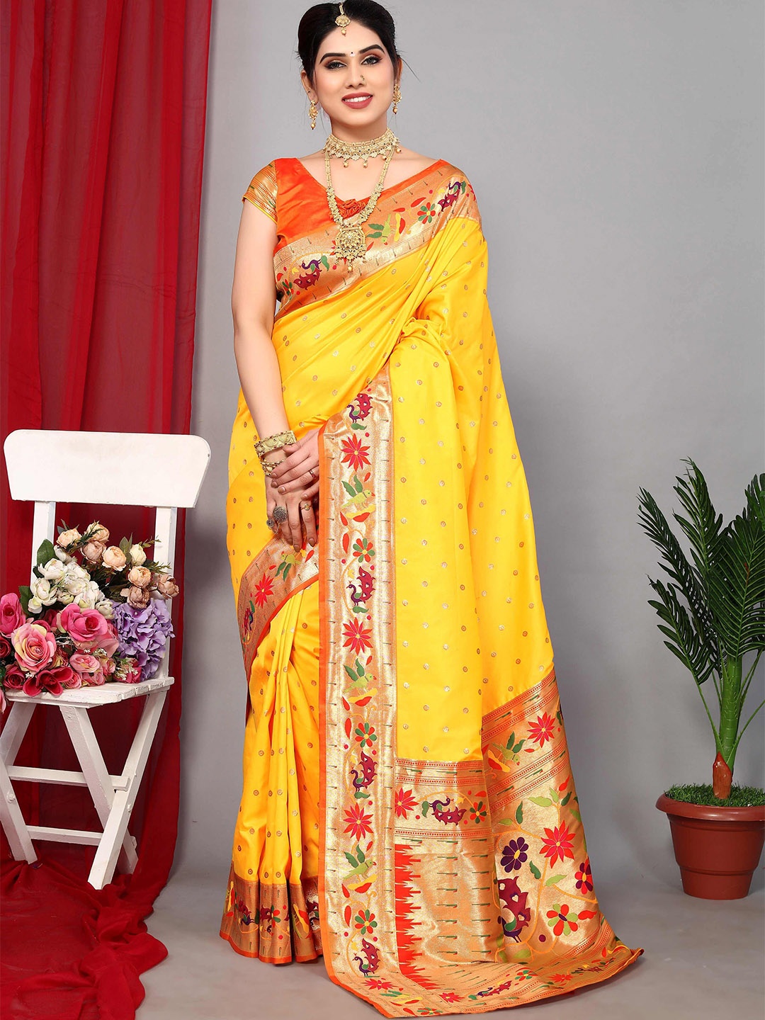 

HEER FASHION Woven Design Zari Paithani Saree, Yellow