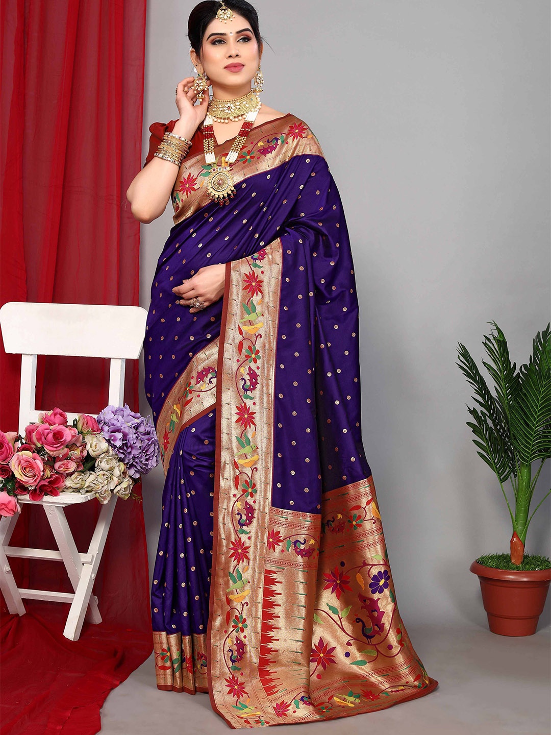 

HEER FASHION Ethnic Motifs Woven Design Zari Paithani Saree, Purple