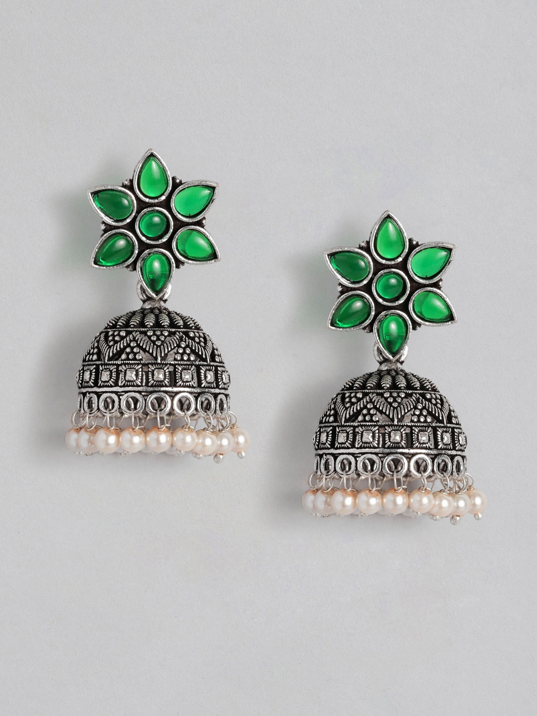 

AITIHYA Silver-Plated Dome Shaped Beads & Stones Oxidised Jhumkas
