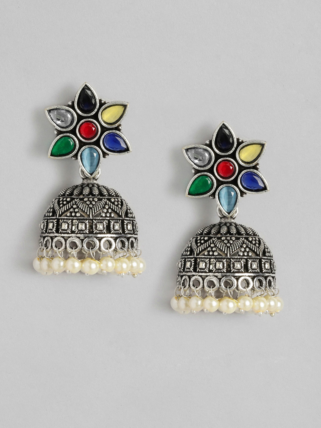 

AITIHYA Silver-Plated Dome Shaped Beads & Stones Oxidised Jhumkas
