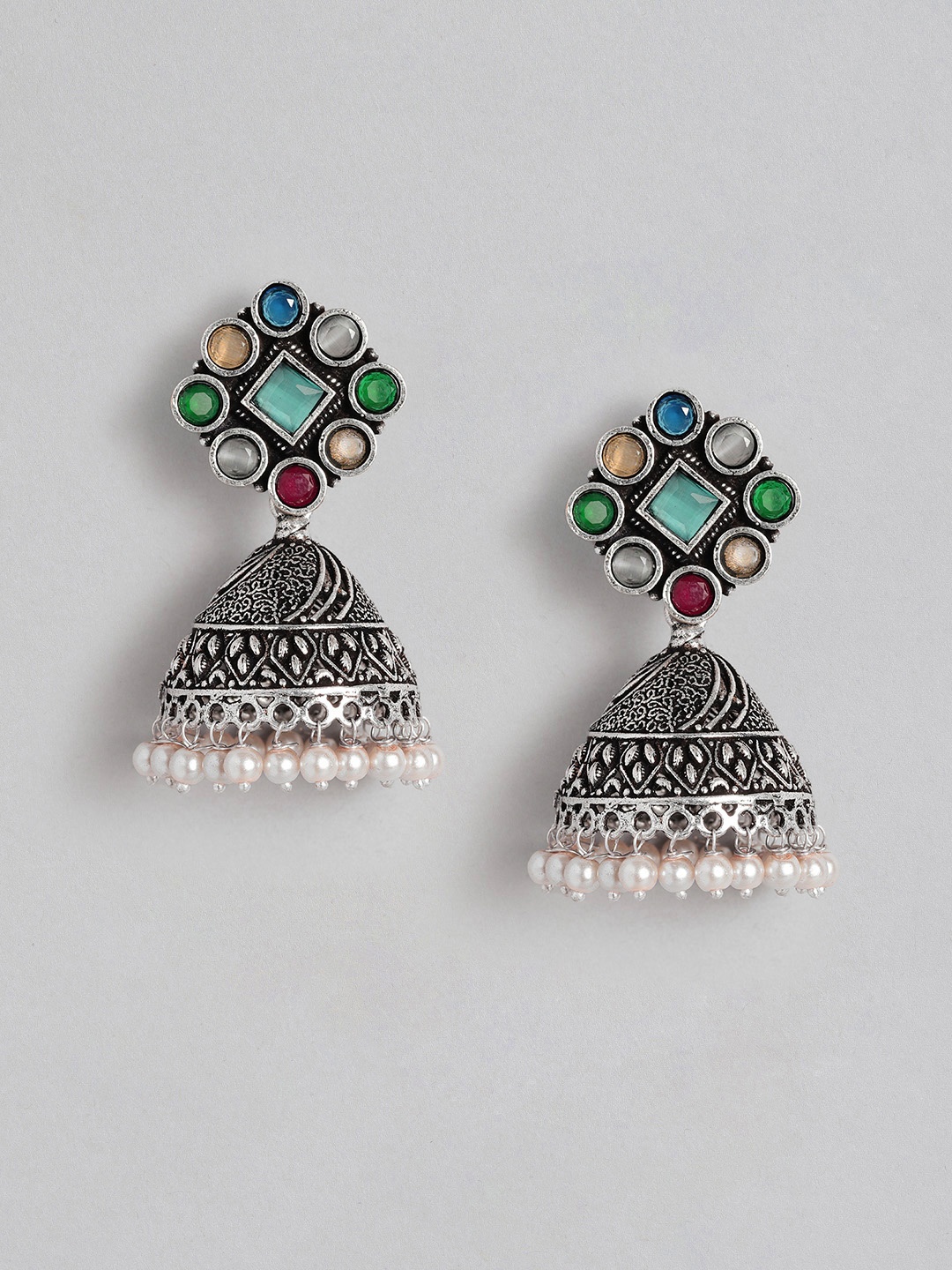 

AITIHYA Silver-Plated Dome Shaped Beads & Stones Oxidised Jhumkas