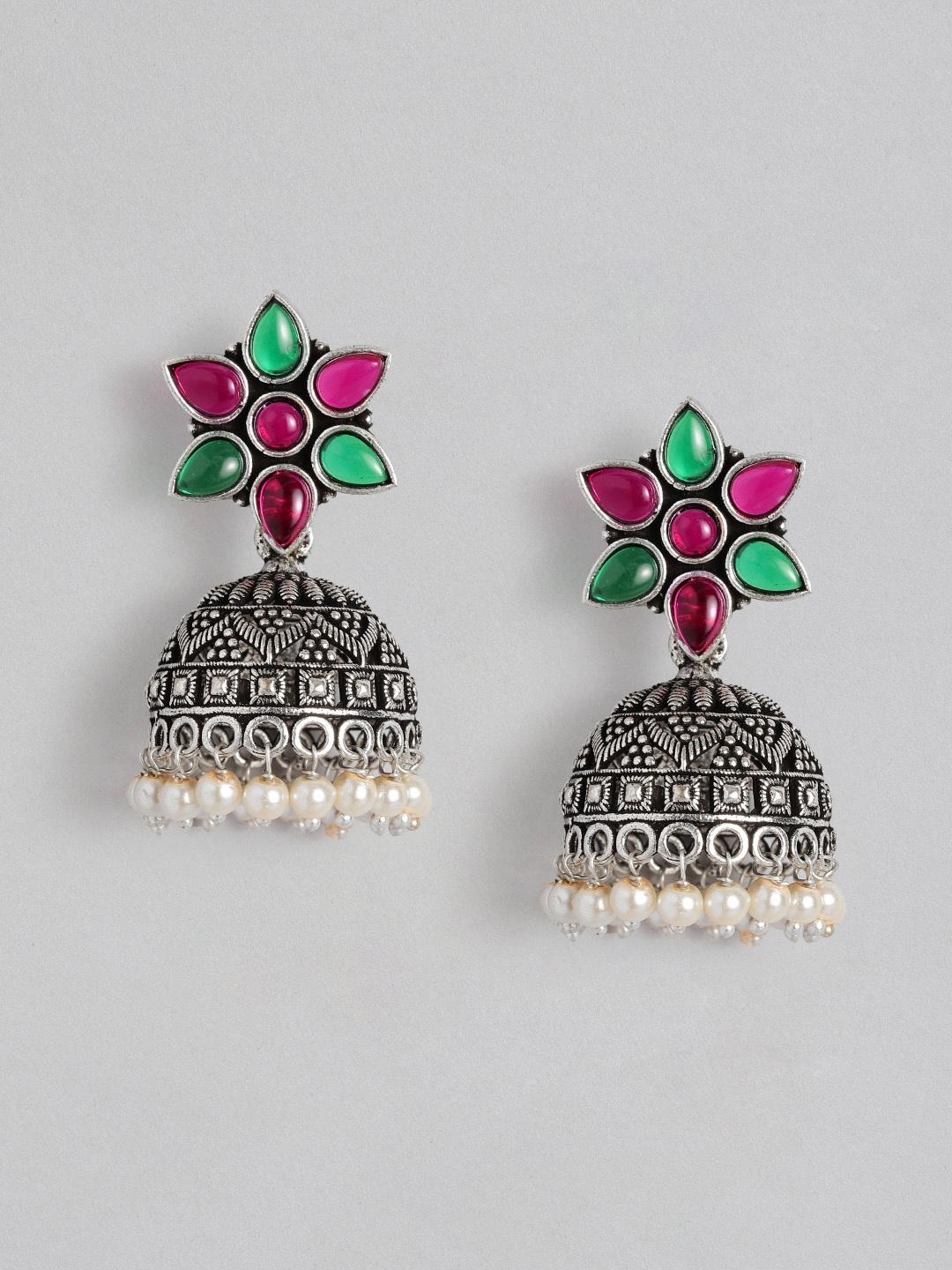 

AITIHYA Silver-Plated Dome Shaped Beads & Stones Oxidised Jhumkas