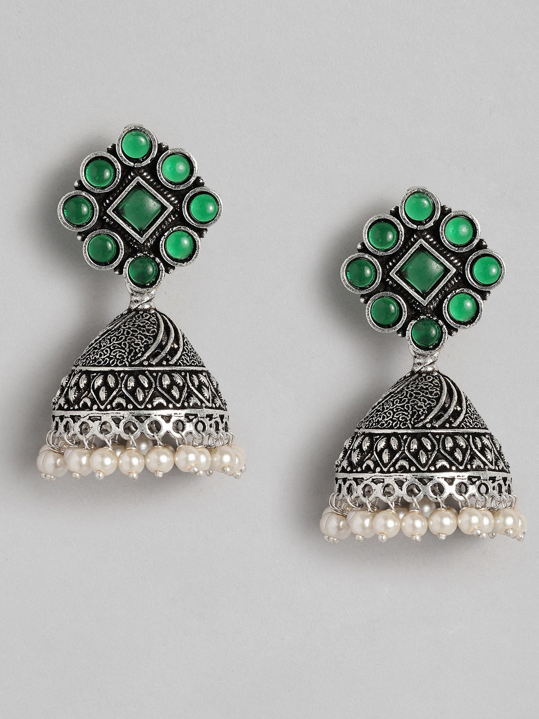

AITIHYA Silver-Plated Dome Shaped Beads & Stones Oxidised Jhumkas