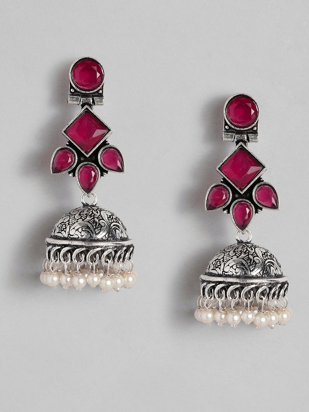 

AITIHYA Silver-Plated Dome Shaped Beads & Stones Oxidised Jhumkas