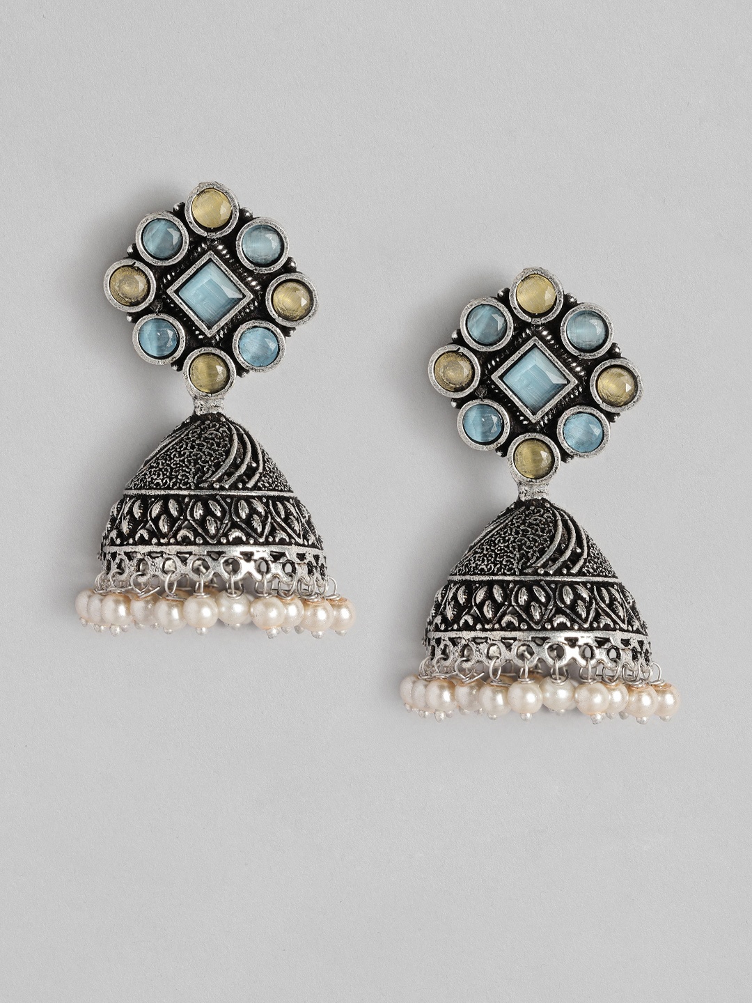 

AITIHYA Silver-Plated Dome Shaped Beads & Stones Oxidised Jhumkas