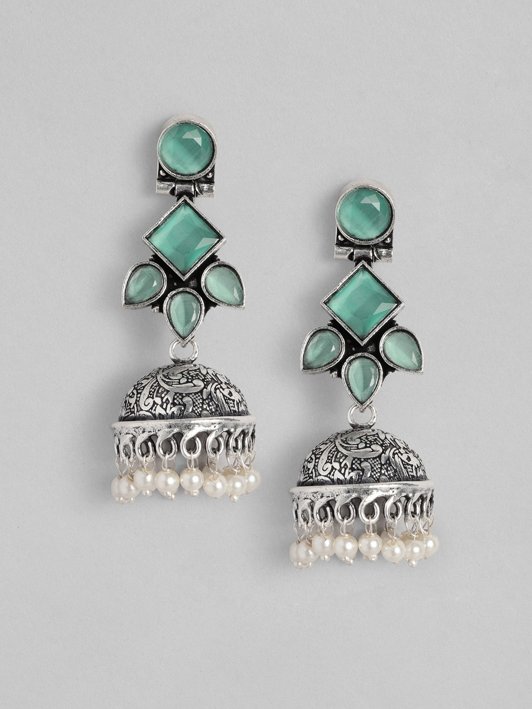 

AITIHYA Silver-Plated Dome Shaped Beads & Stones Oxidised Jhumkas