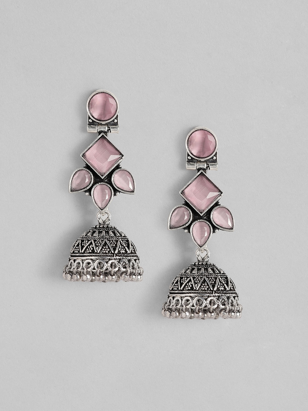 

AITIHYA Silver-Plated Dome Shaped Beads & Stones Oxidised Jhumkas