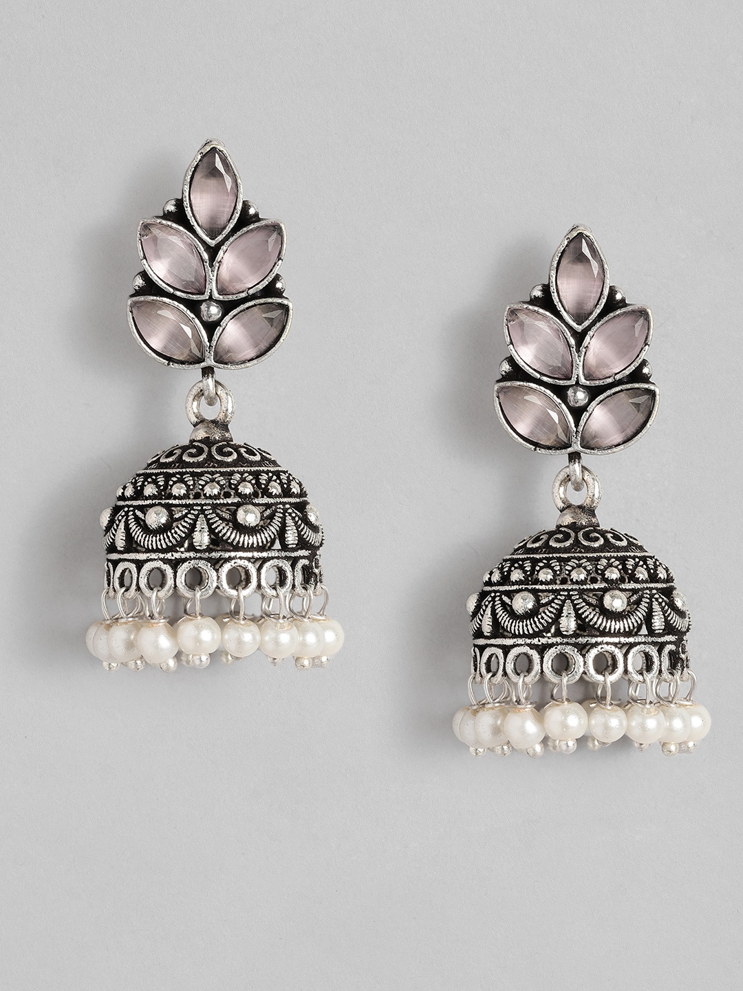 

AITIHYA Silver-Plated Dome Shaped Beads & Stones Oxidised Jhumkas