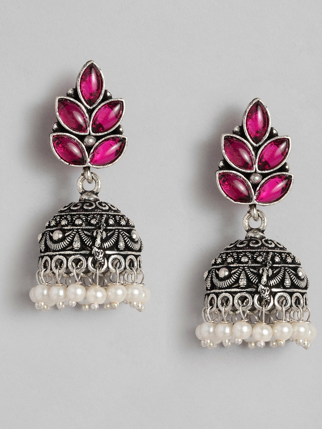 

AITIHYA Silver-Plated Dome Shaped Beads & Stones Oxidised Jhumkas