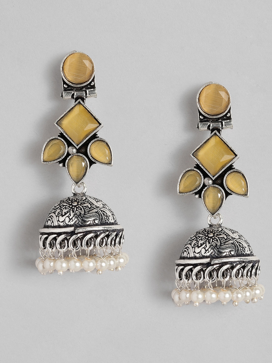 

AITIHYA Silver-Plated Dome Shaped Beads & Stones Oxidised Jhumkas