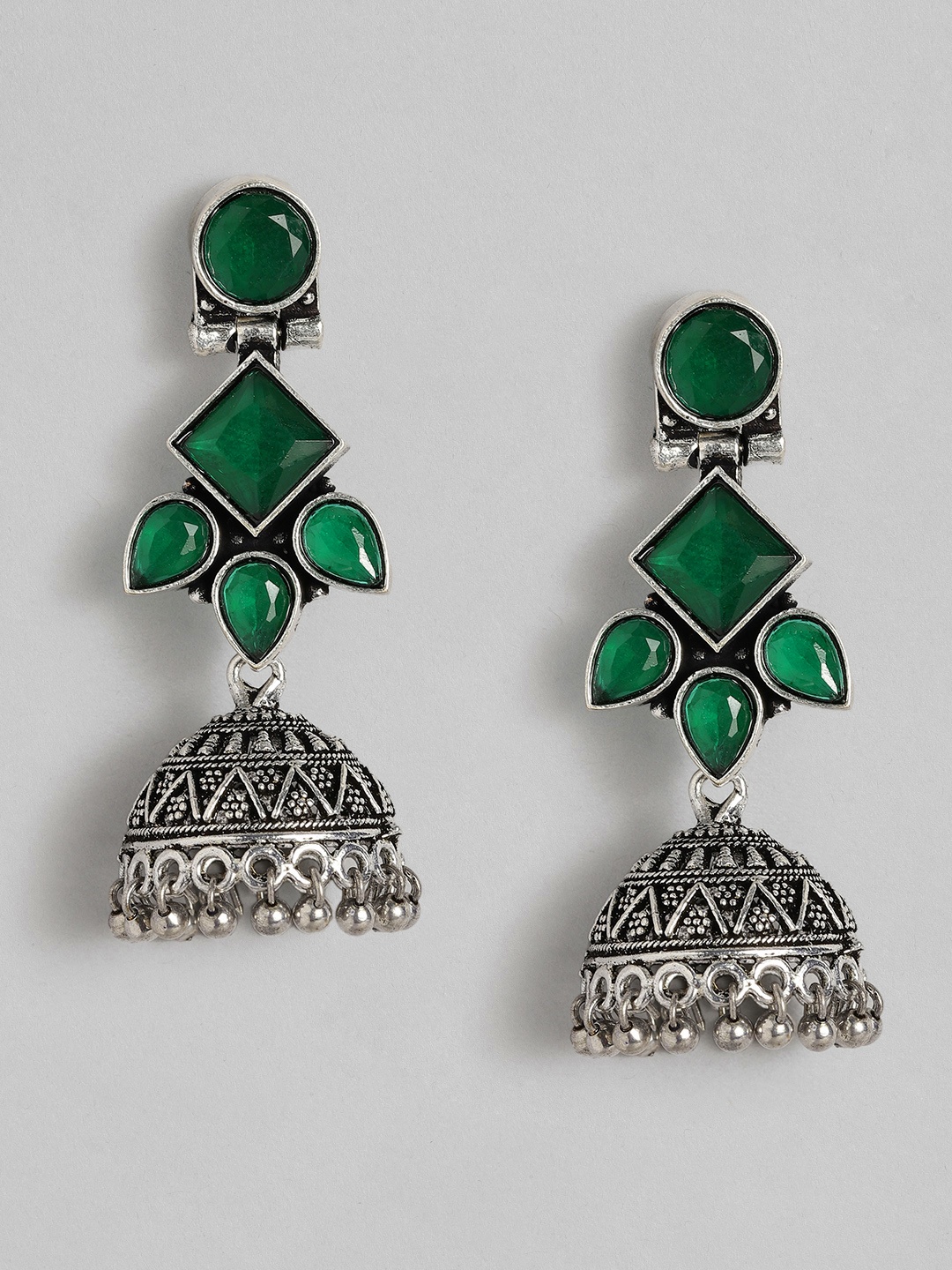 

AITIHYA Silver-Plated Dome Shaped Beads & Stones Oxidised Jhumkas