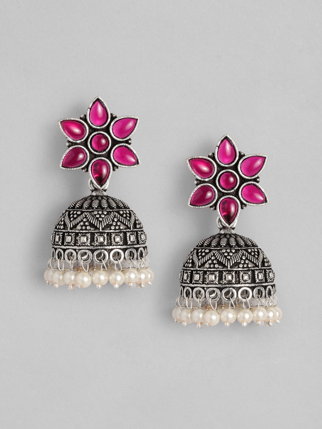 

AITIHYA Silver-Plated Dome Shaped Beads & Stones Oxidised Jhumkasgs