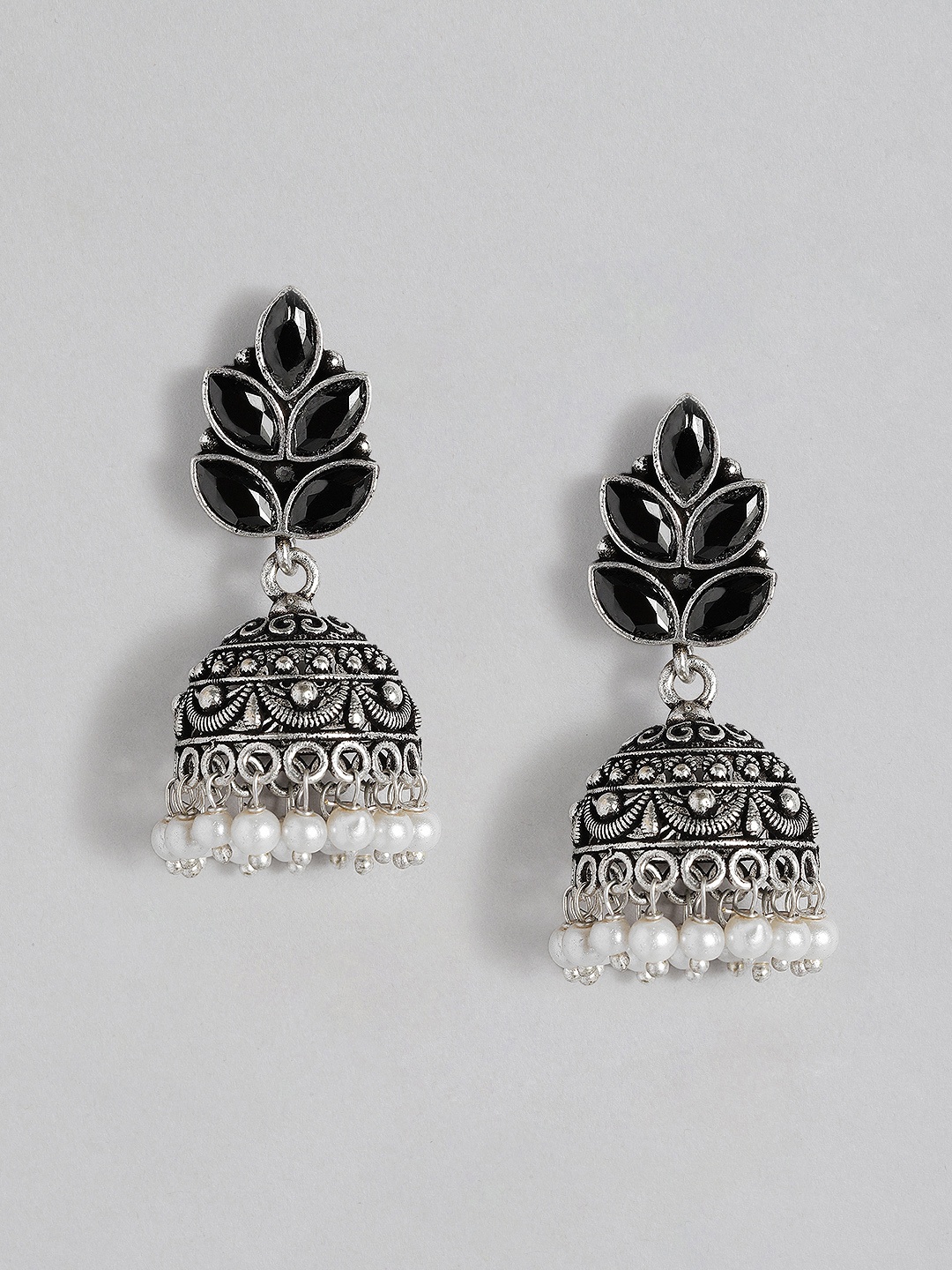 

AITIHYA Silver-Plated Dome Shaped Beads & Stones Oxidised Jhumkas
