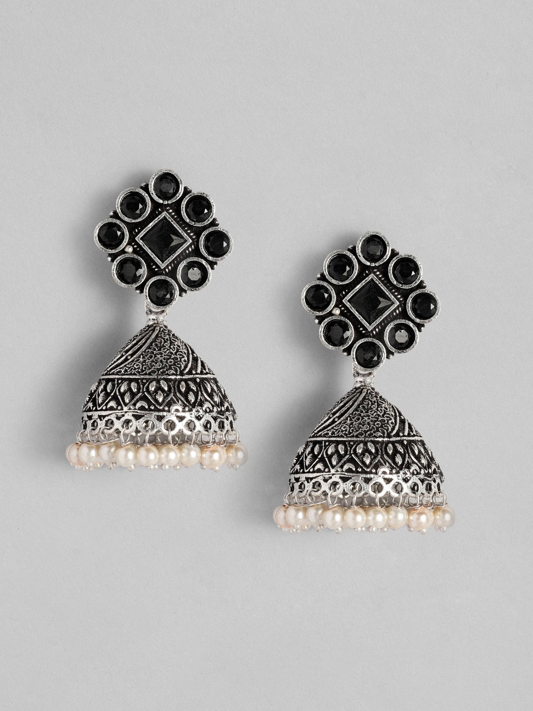 

AITIHYA Silver-Plated Dome Shaped Beads & Stones Oxidised Jhumkas