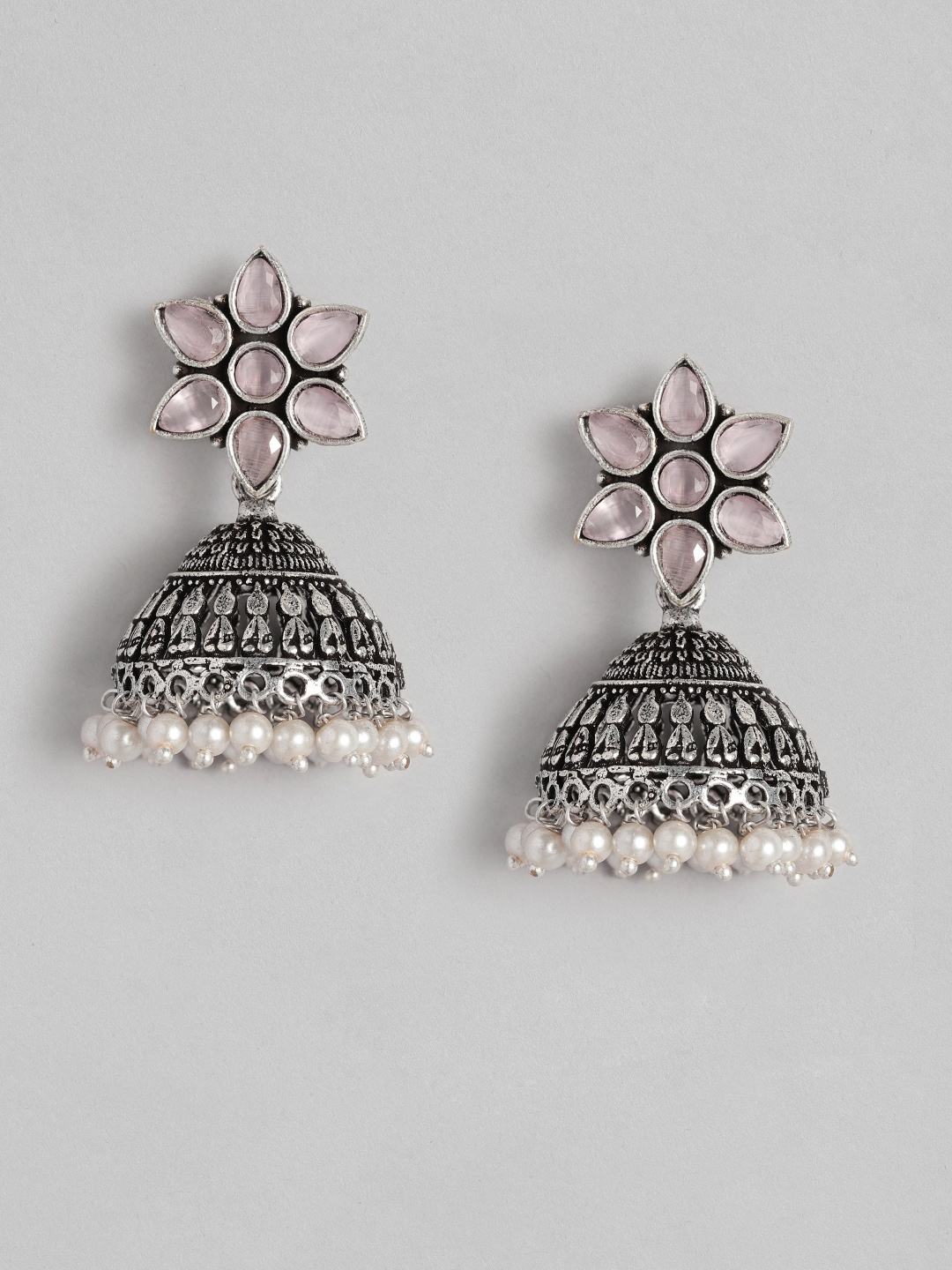 

AITIHYA Silver-Plated Dome Shaped Beads & Stones Oxidised Jhumkas