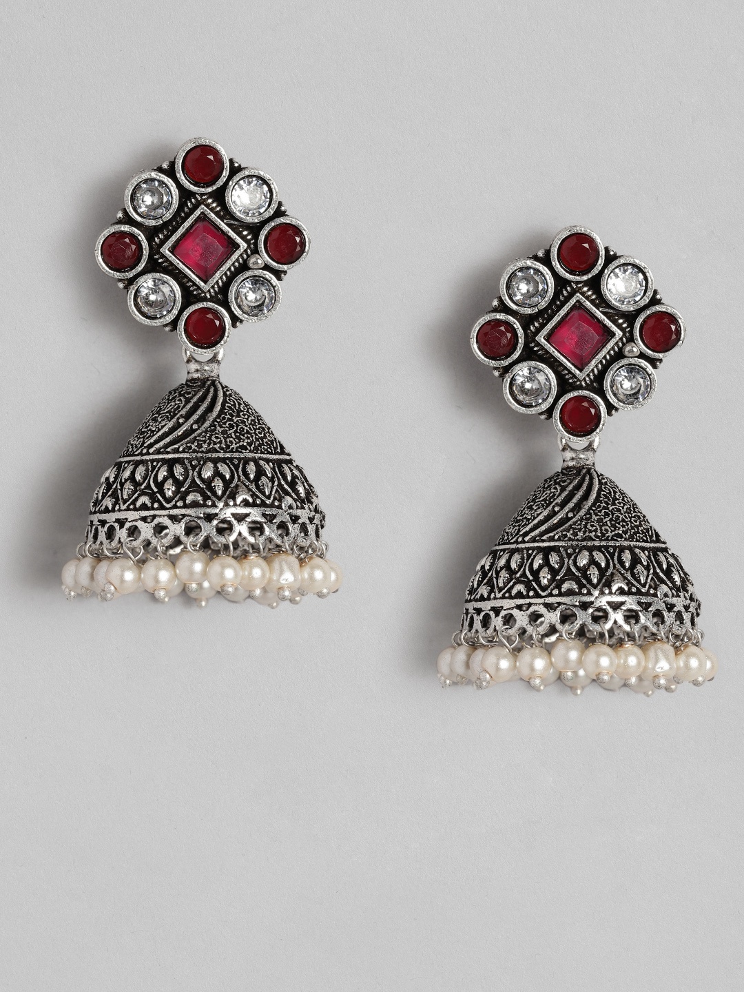 

AITIHYA Silver-Plated Dome Shaped Beads & Stones Oxidised Jhumkas