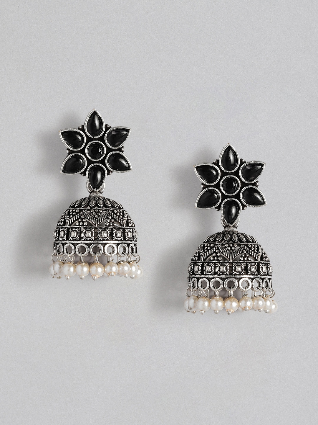 

AITIHYA Silver-Plated Dome Shaped Beads & Stones Oxidised Jhumkas
