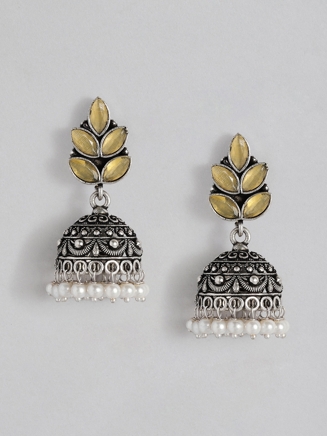

AITIHYA Silver-Plated Dome Shaped Beads & Stones Oxidised Jhumkas