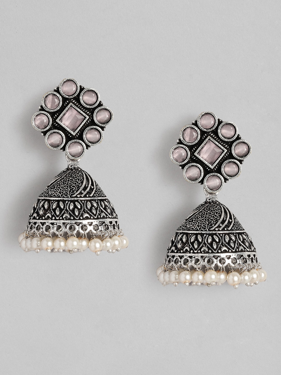 

AITIHYA Silver-Plated Dome Shaped Beads & Stones Oxidised Jhumkas