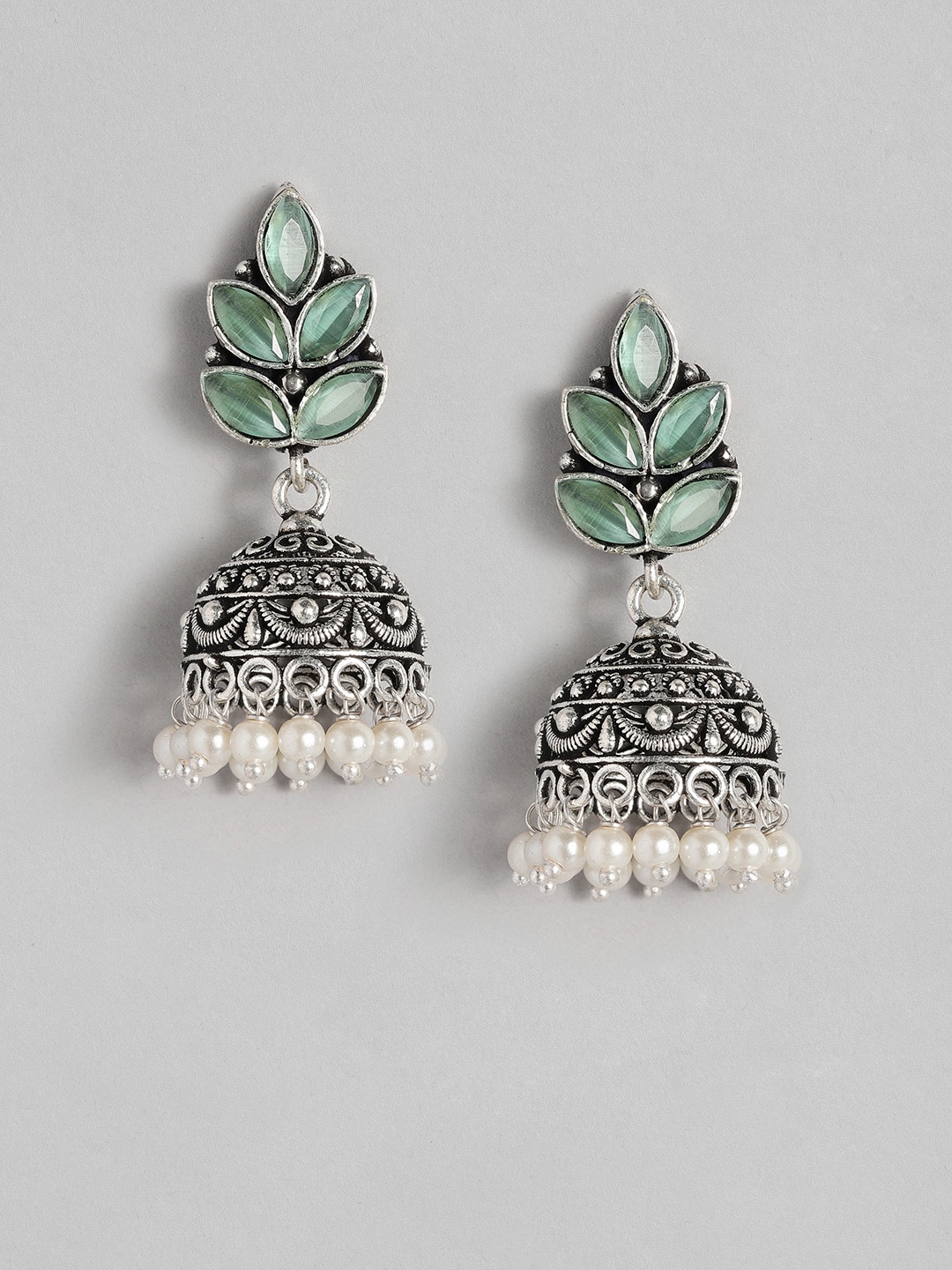 

AITIHYA Silver-Plated Dome Shaped Beads & Stones Oxidised Jhumkas