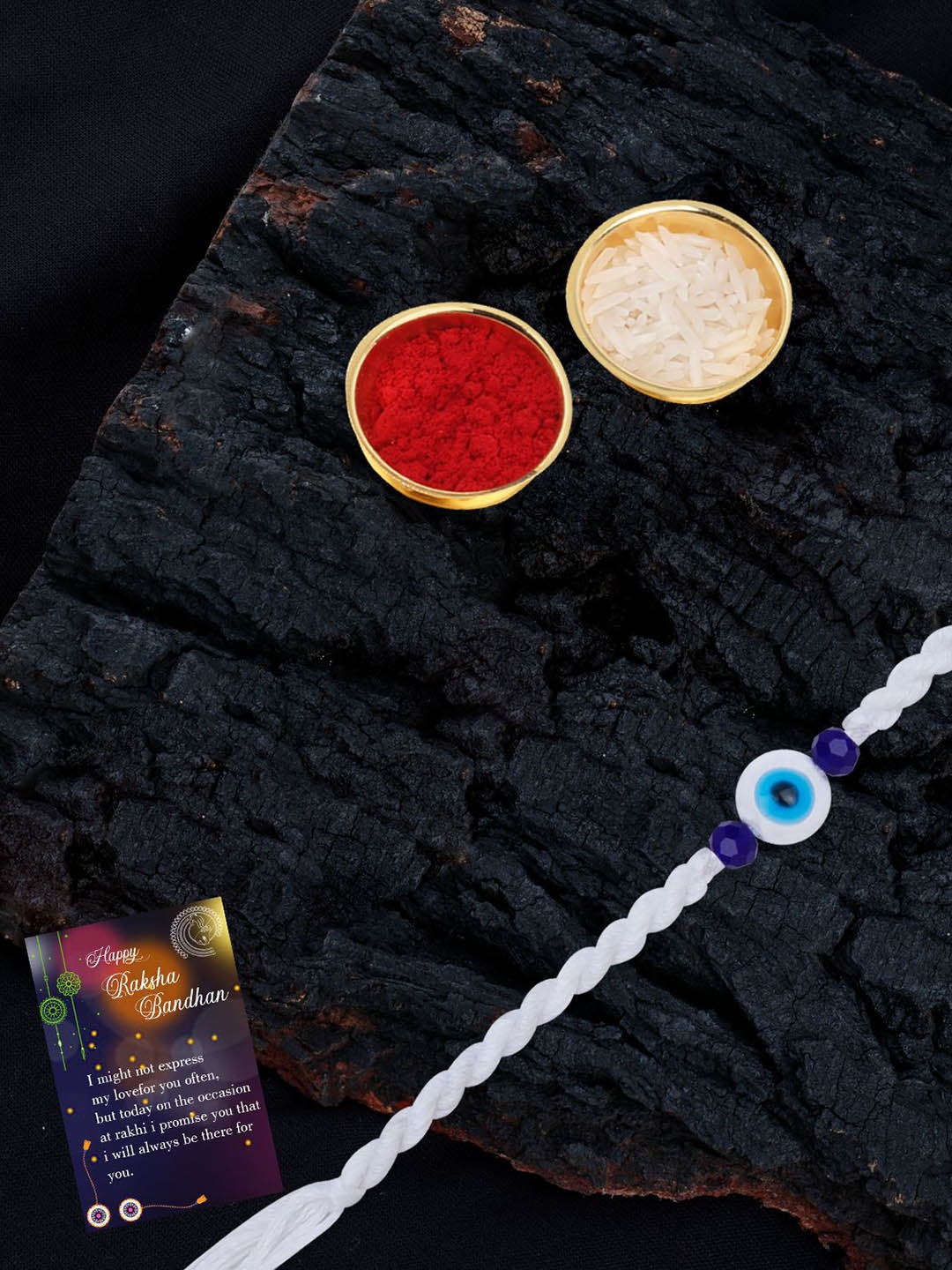 

Silver Shine Set of 3 Evil Eye Beaded Thread Rakhis With Pooja Thali & Roli Chawal, Gold