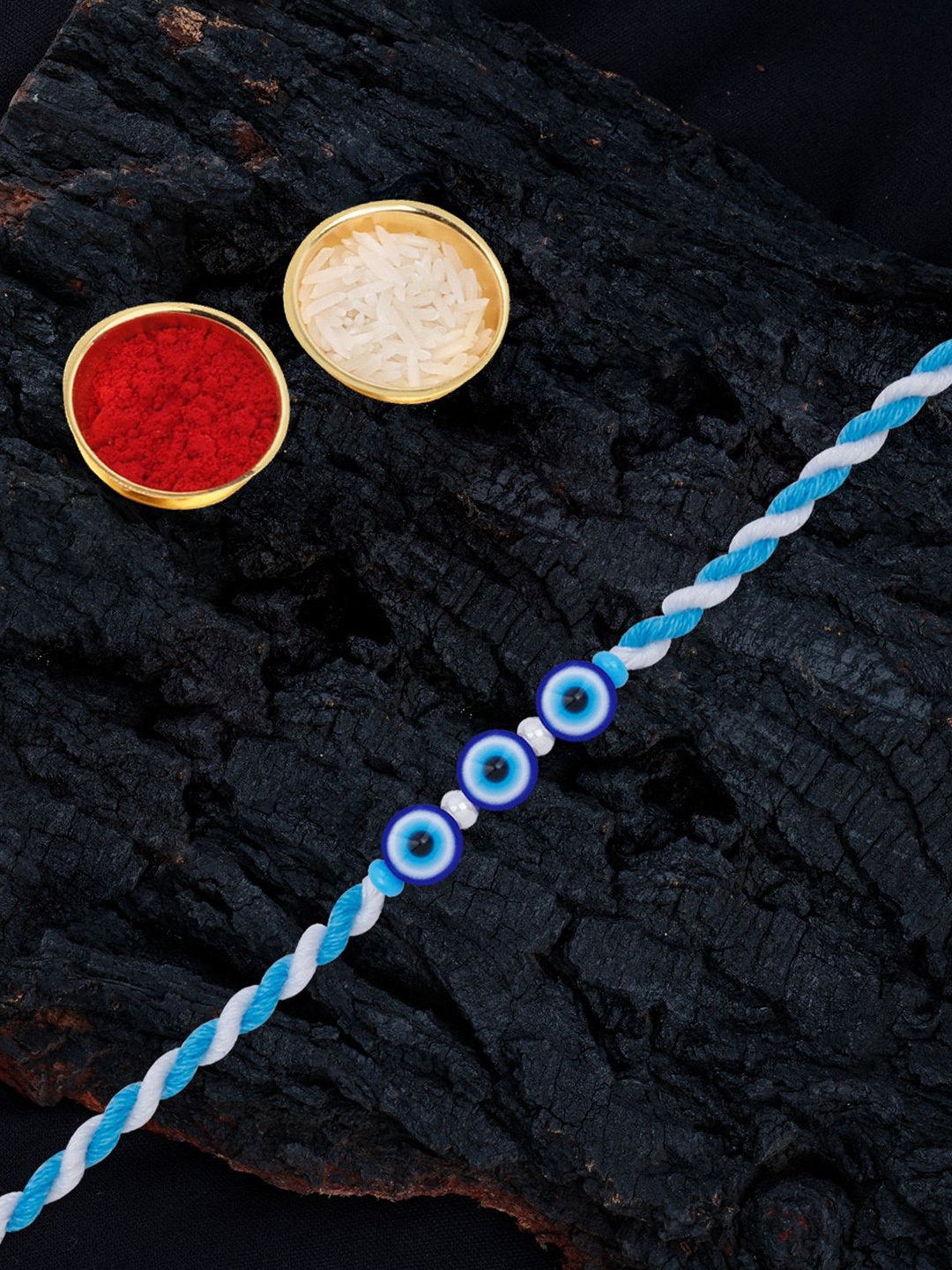 

Silver Shine Bhaiya Bhabhi Rakhi With Pooja Thali & Roli Chawal, Blue