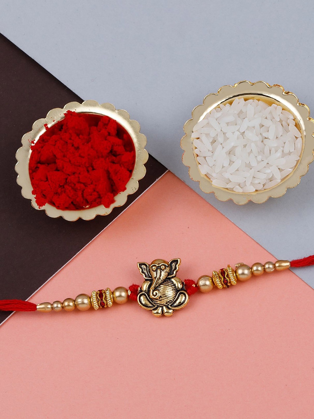 

Silver Shine Bhaiya Bhabhi Rakhi With Pooja Thali & Roli Chawal, Gold