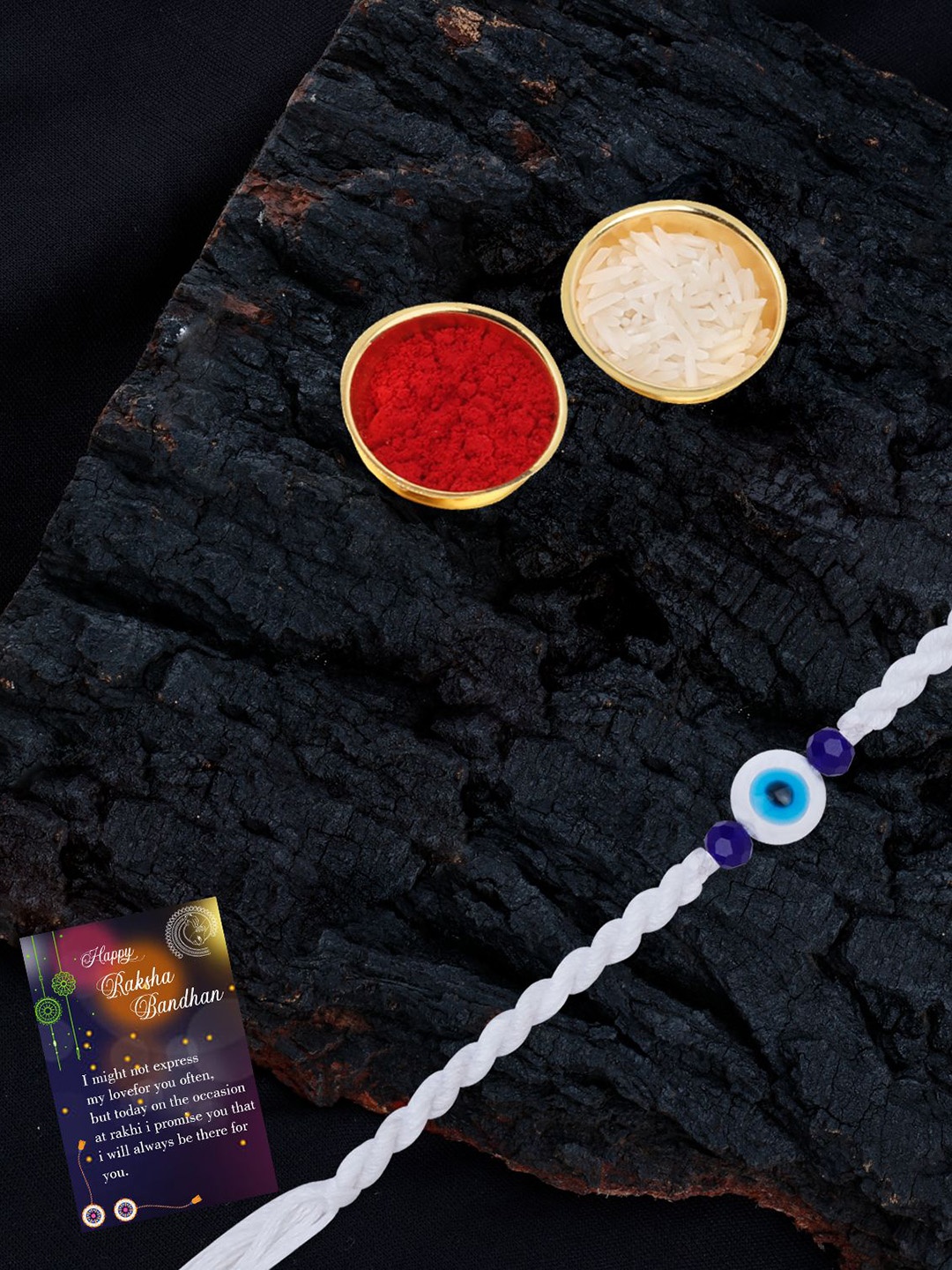 

Silver Shine Set Of 2 Rakhi With Roli chawal, Greeting Card & Pooja Thali, Multi
