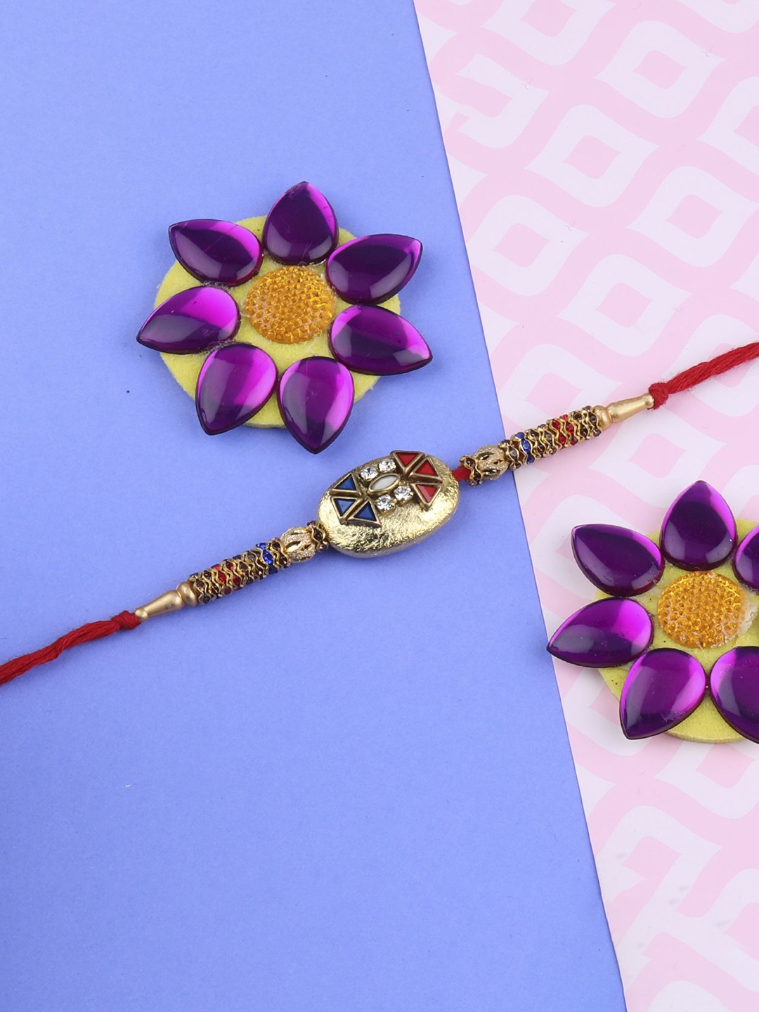 

Silver Shine Bhaiya Bhabhi Rakhi With Pooja Thali & Roli Chawal With Greeting Card, Gold