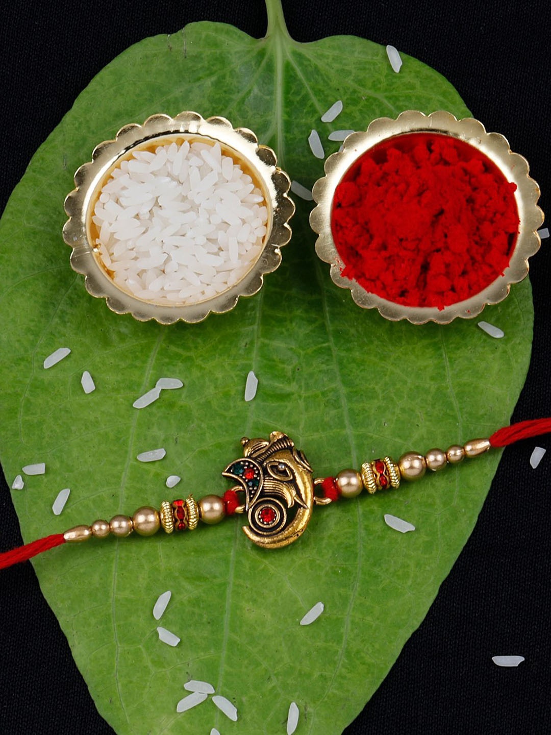 

Silver Shine Set of 3 Evil Eye Beaded Thread Rakhis With Pooja Thali & Roli Chawal, Gold