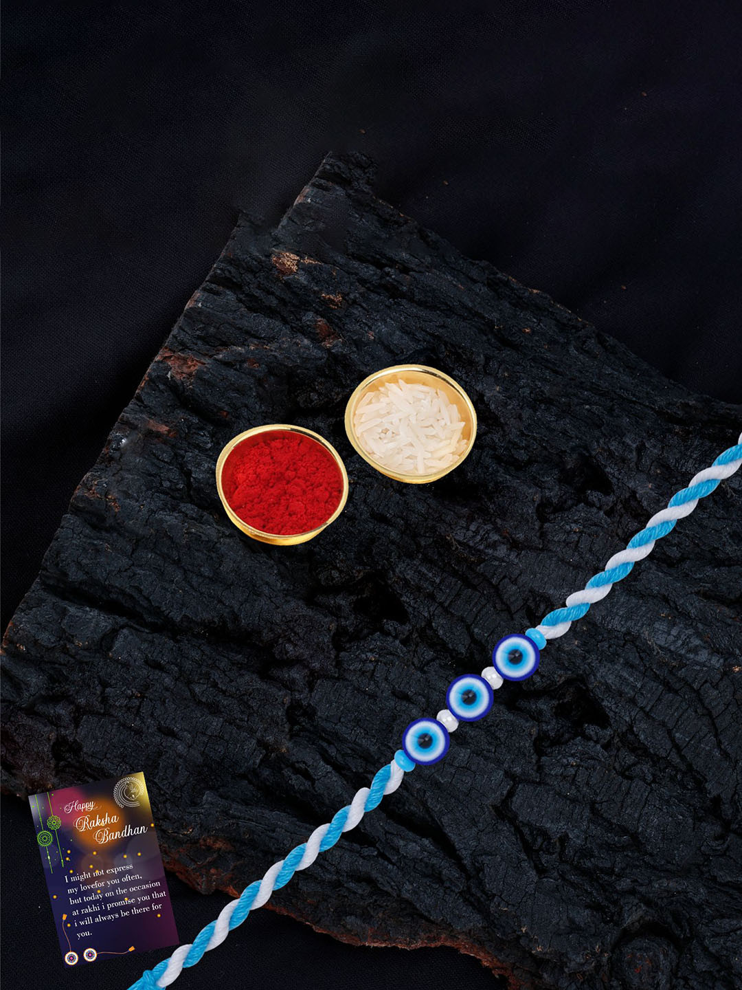 

Silver Shine Bhaiya Bhabhi Rakhi With Pooja Thali & Roli Chawal, Blue