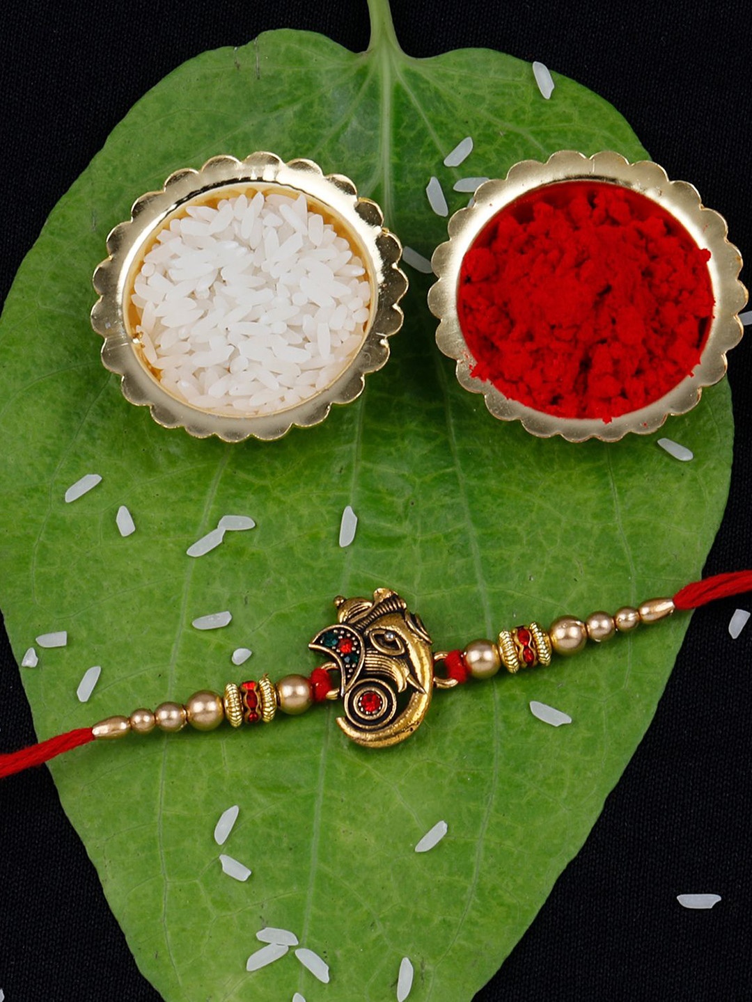 

Silver Shine Bhaiya Bhabhi Rakhi With Pooja Thali & Roli Chawal, Red