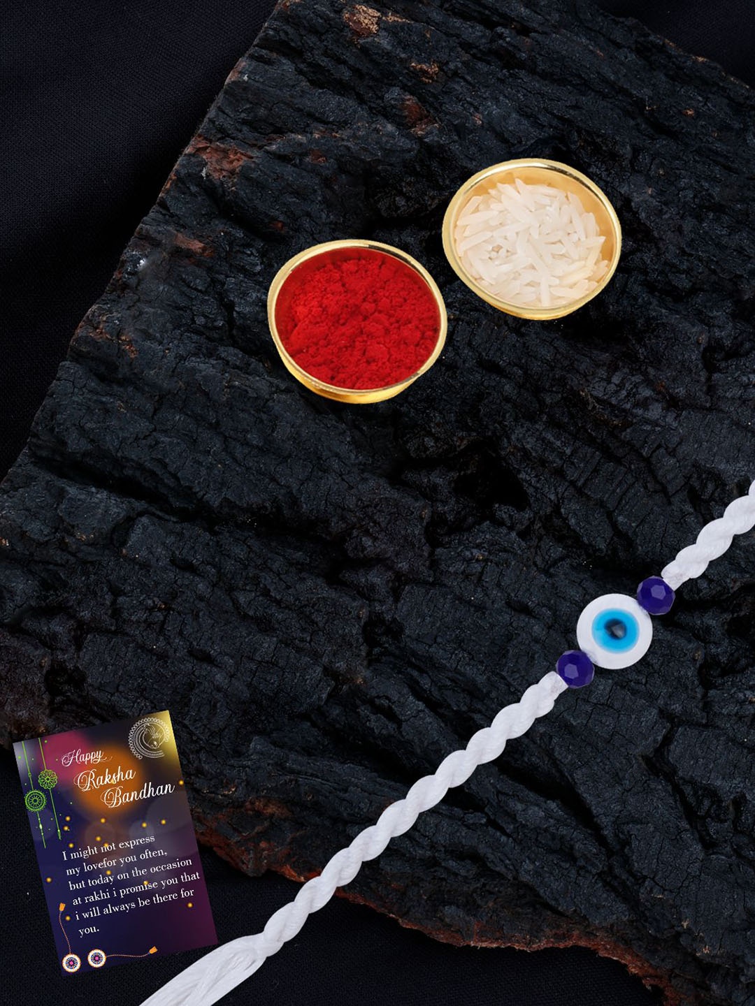 

Silver Shine Set Of 2 Rakhi With Roli chawal, Greeting Card & Pooja Thali, Multi