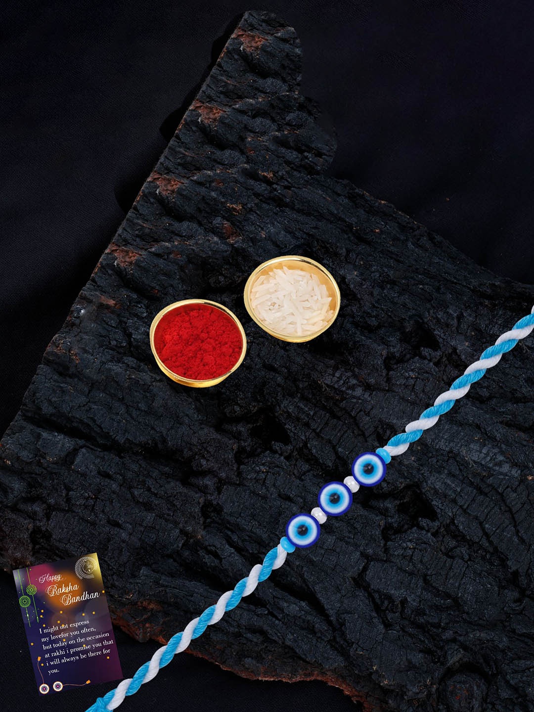 

Silver Shine Set of 3 Evil Eye Beaded Thread Rakhis With Pooja Thali & Roli Chawal, Gold