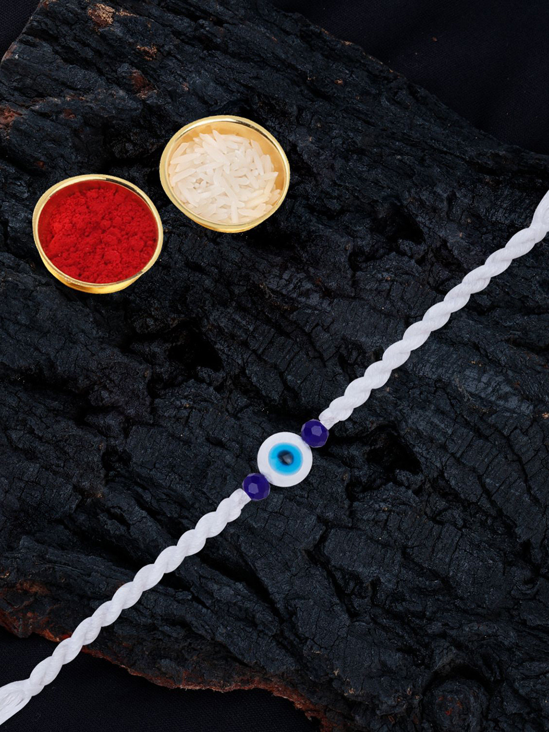 

Silver Shine Set of 3 Evil Eye Beaded Thread Rakhis With Pooja Thali & Roli Chawal, Gold