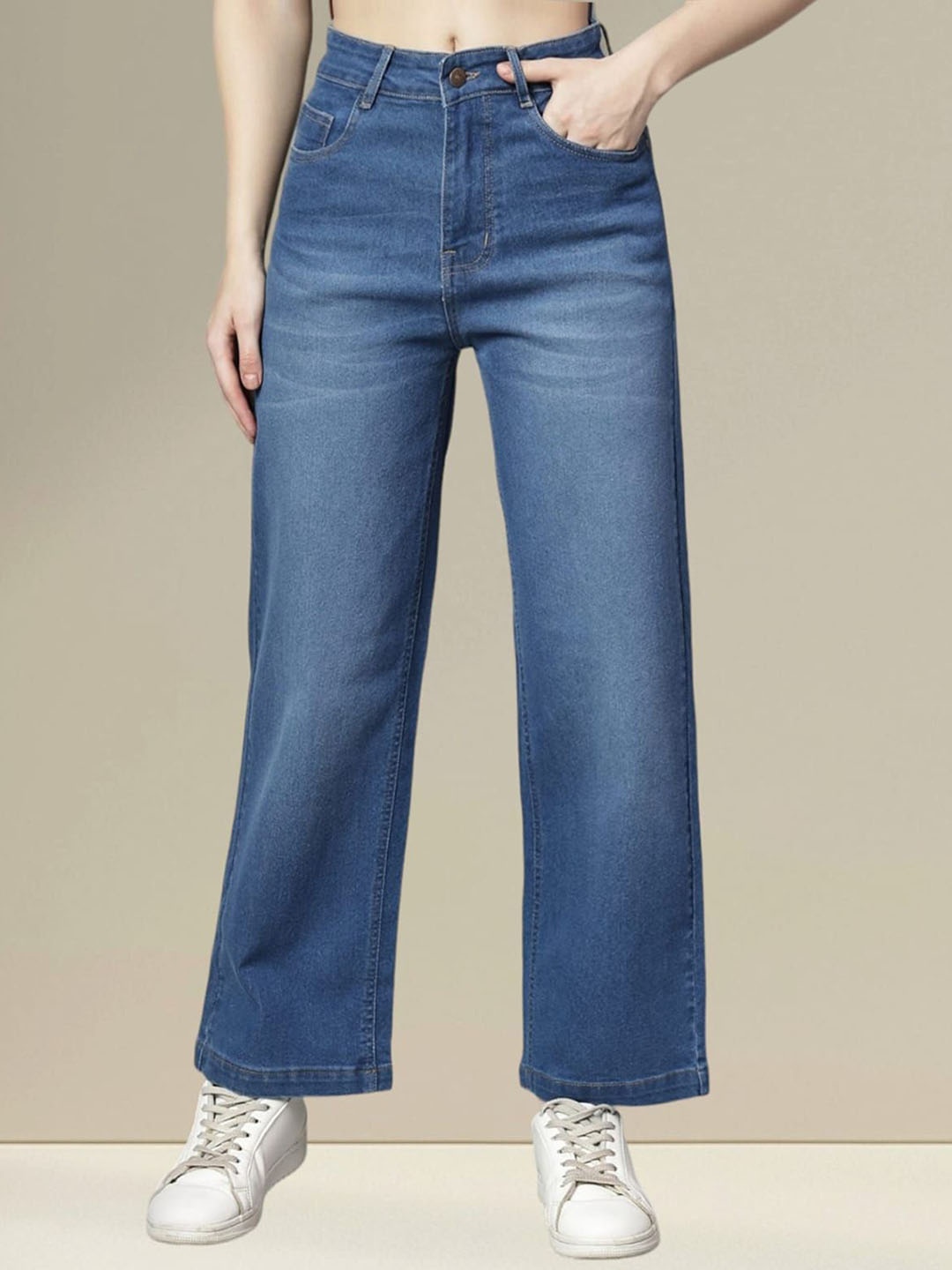 

FASHIONFIBRE Women Smart Wide Leg High-Rise Light Fade Stretchable Jeans, Blue