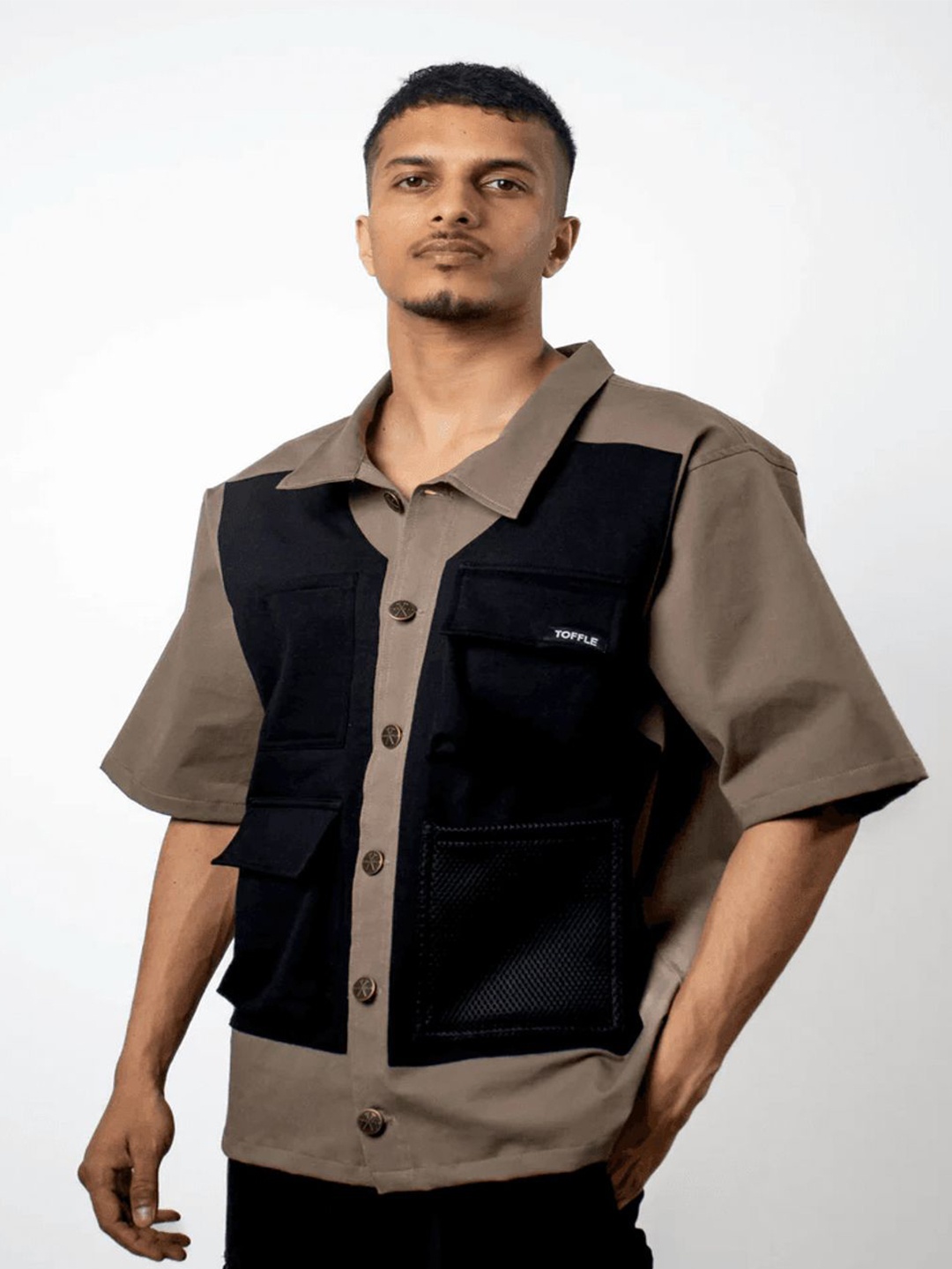

TOFFLE Unisex Spread Collar Colourblocked Colourblocked Cotton Oversized Casual Shirt, Brown