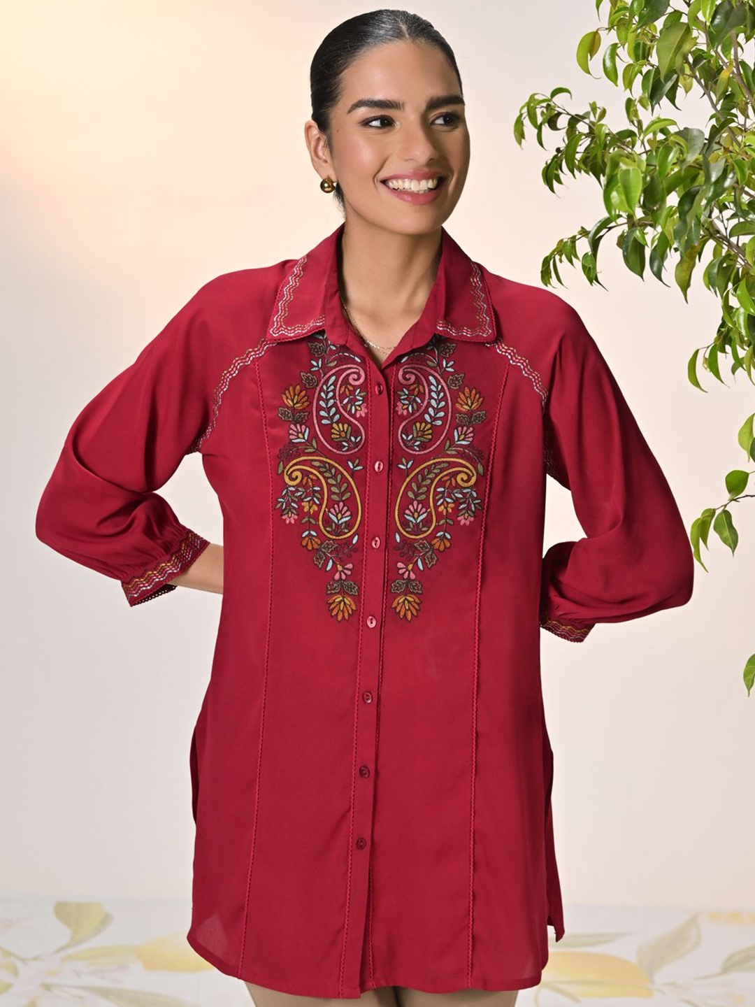 

Lakshita Women Smart Spread Collar Solid Floral Print Crepe Tailored Fit Casual Shirt, Red