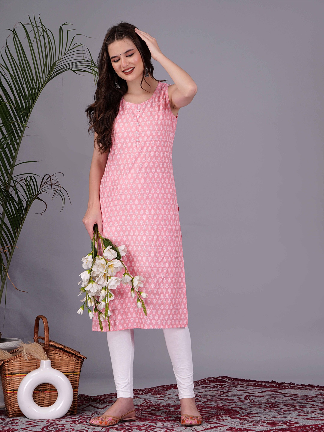 

SRFA Women Printed Viscose Rayon Sleeveless Straight Kurta, Pink