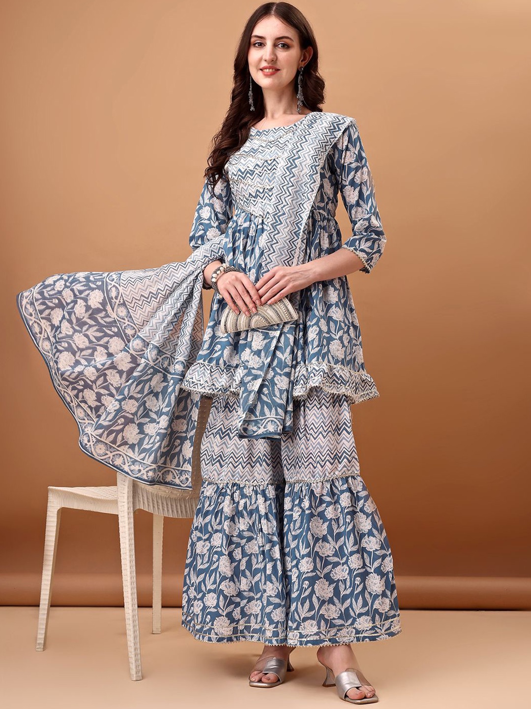 

Ziva Fashion Floral Printed A-Line Pure Cotton Kurti with Sharara & Dupatta, Blue