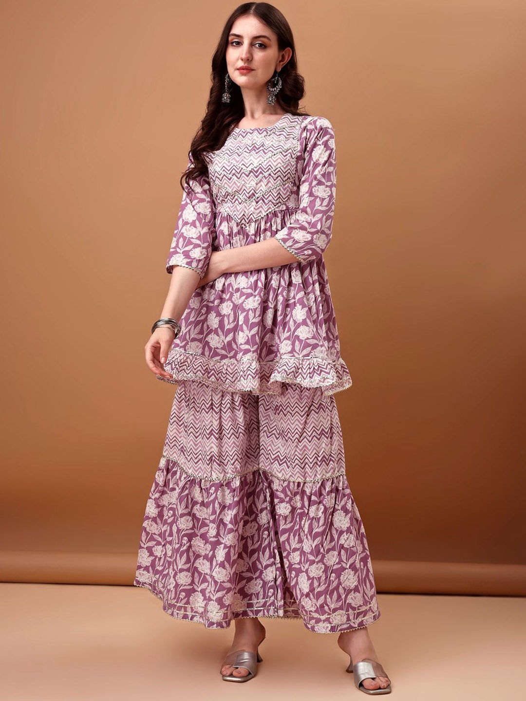 

Ziva Fashion Floral Printed A-Line Pure Cotton Kurti with Sharara & Dupatta, Purple