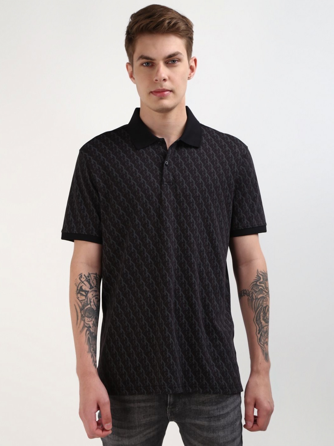 

Calvin Klein Jeans Men Printed Polo Collar Pure Cotton Tshirt, Black