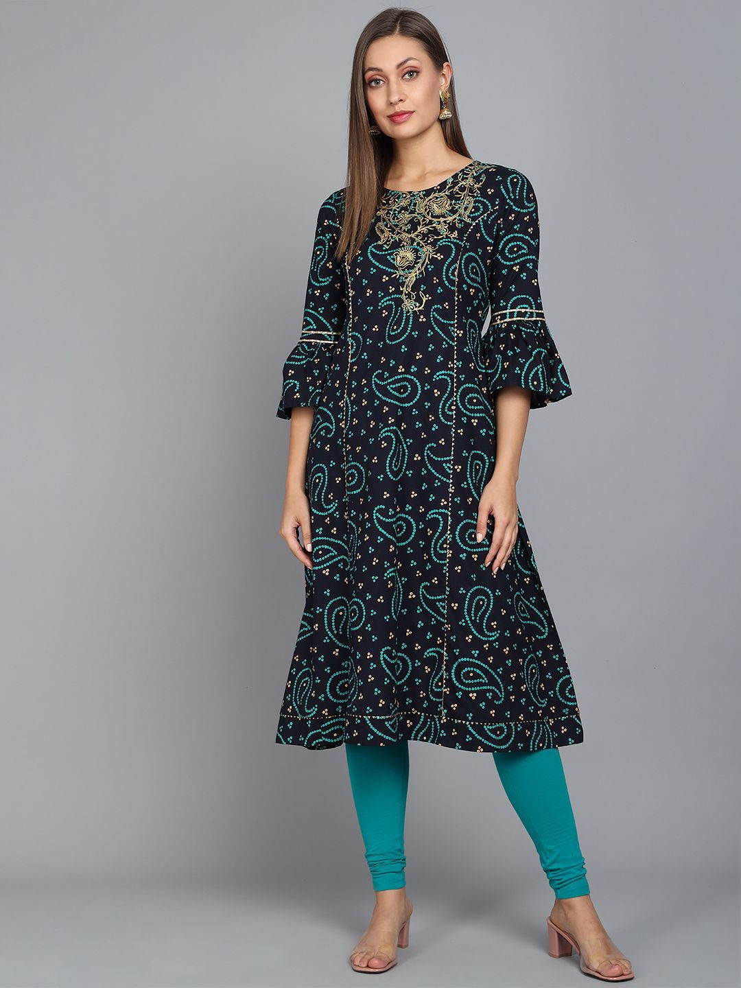 

Anouk Navy Blue Bandhani Printed Bell Sleeves Thread Work A-Line Kurta