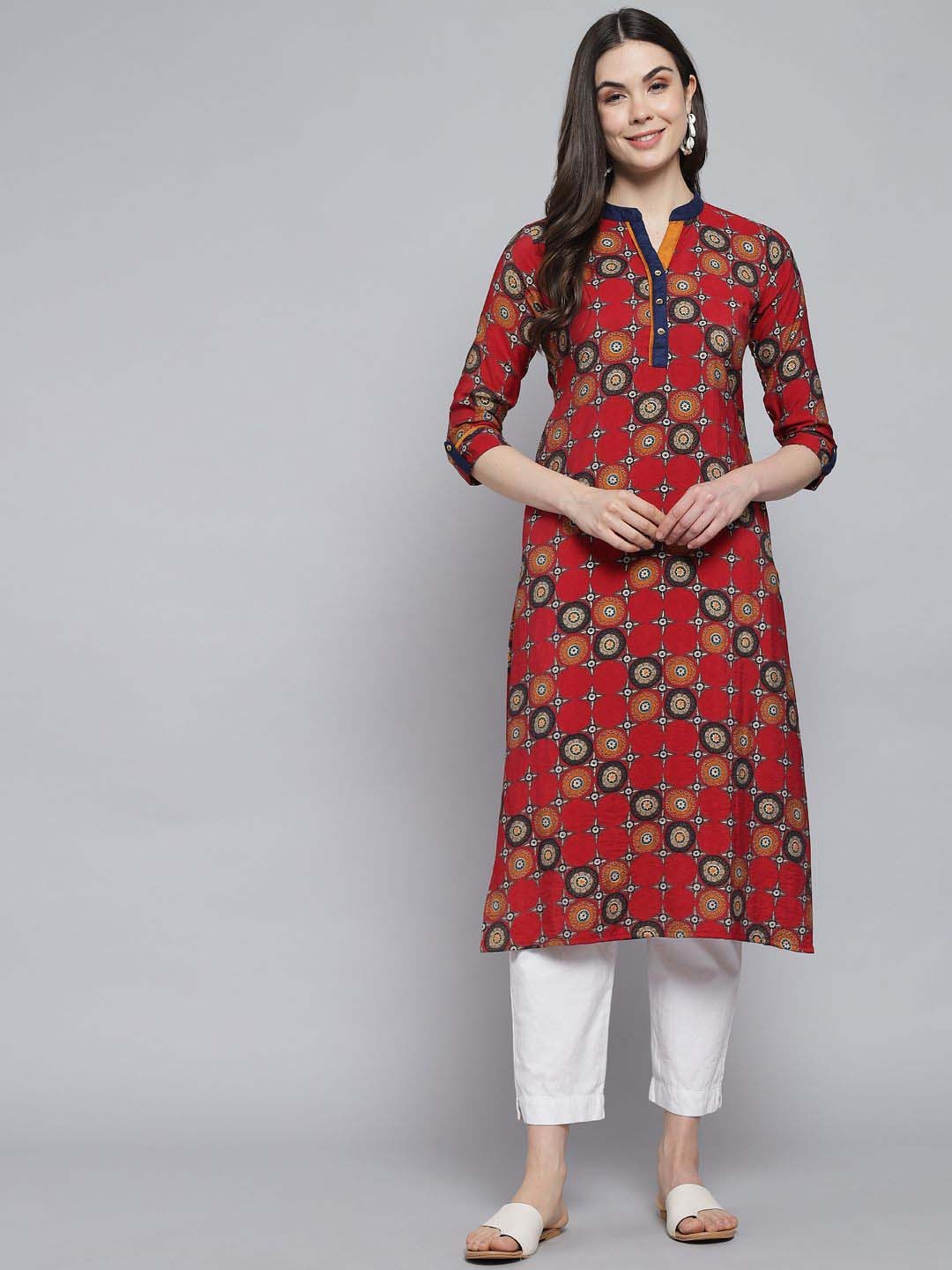 

Anouk Red Ethnic Motifs Printed Mandarin Collar Straight Kurta