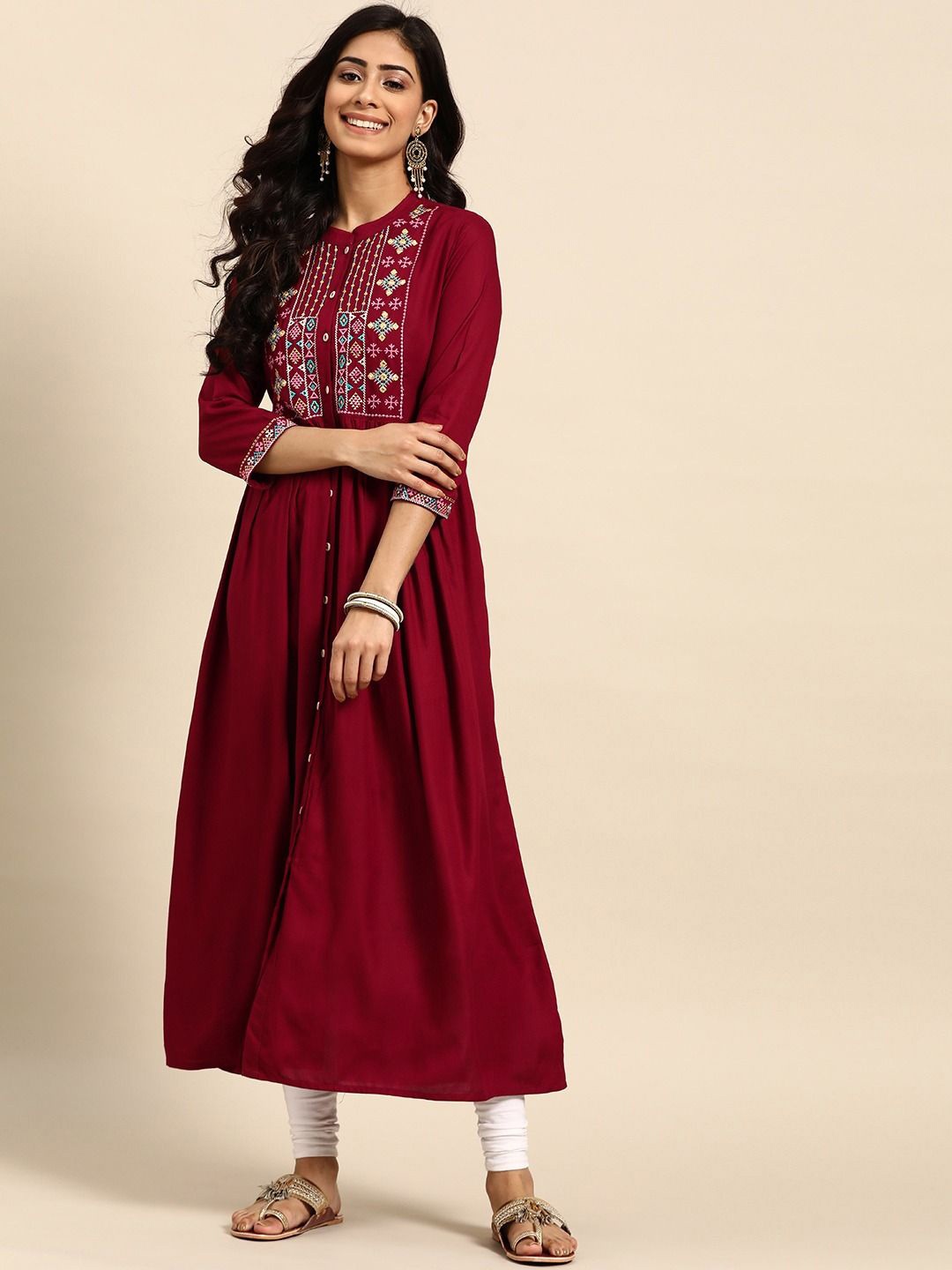 

Anouk Maroon Floral Yoke Design Mandarin Collar Thread Work Pure Cotton Anarkali Kurta