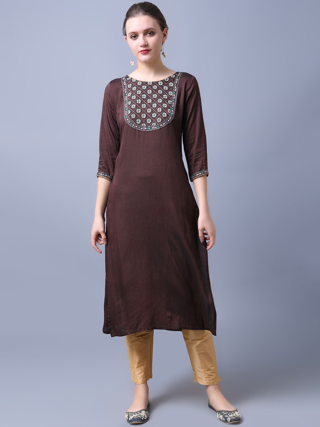 

Anouk Brown Floral Embroidered Straight Kurta