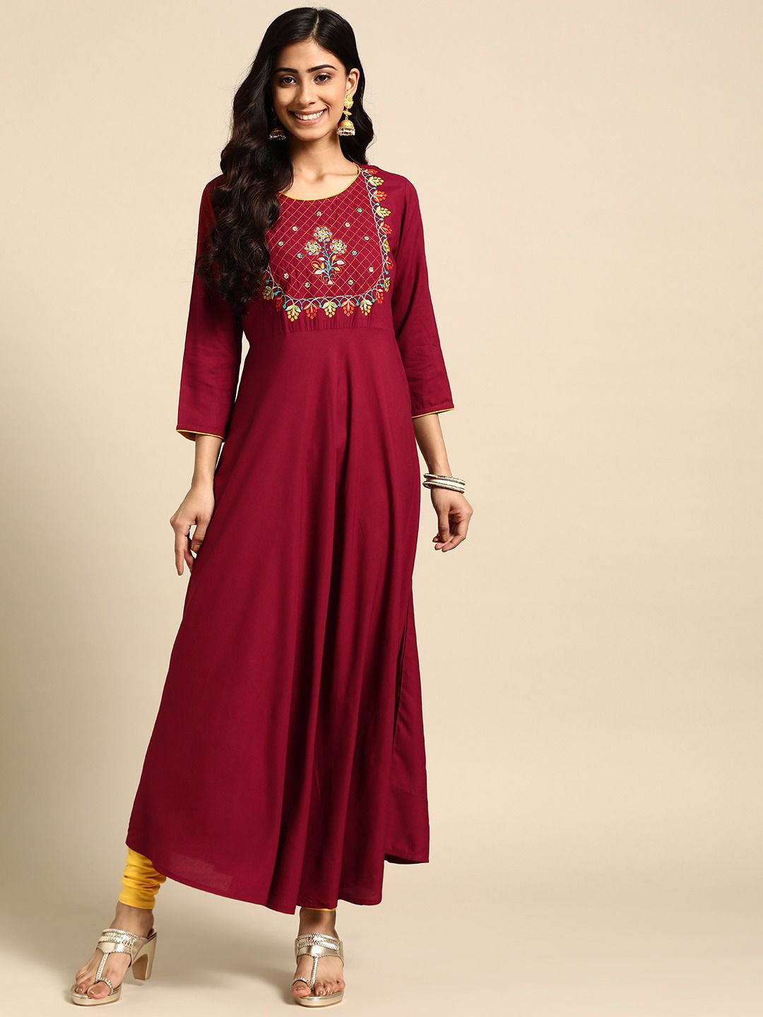

Anouk Maroon Floral Embroidered Pure Cotton A-Line Kurta