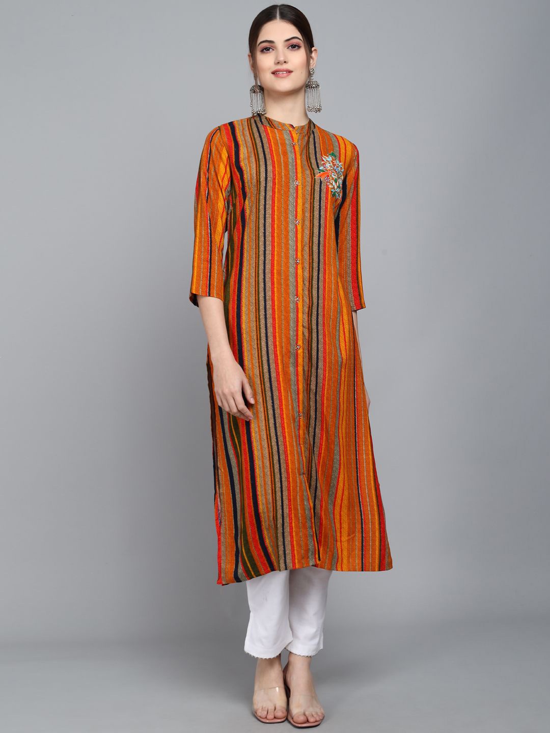

Anouk Red Striped Mandarin Collar Straight Kurta